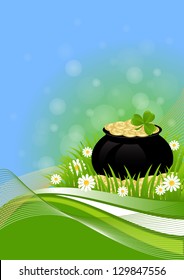 greeting card with clovers and pot of gold St. Patrick's Day