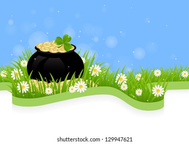 greeting card with clovers and pot of gold St. Patrick's Day
