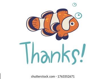 Greeting card with clown fish and the inscription thanks on a white background. Vector graphics.