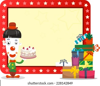 Greeting card with a clown holding a cake and gifts.