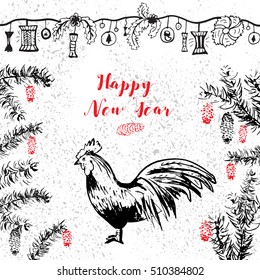 Greeting card with cock, garland and holly branch frame. Happy New Year