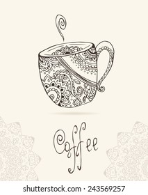 Greeting card with coffee. Frame of  ornament made in vector. Perfect cards, or for any other kind of design, birthday and other holiday. Seamless hand drawn map with coffee. 