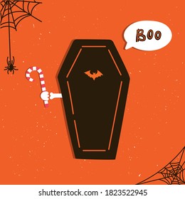 Greeting card with coffin and cobwebs. Halloween party invitations with handwritten calligraphy and grunge paper texture. Boo text. Vector illustration. Poster with traditional symbols.