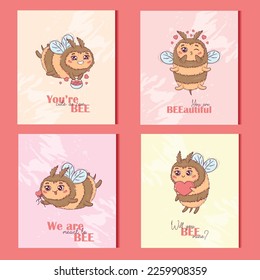 Greeting card collection with Cartoon cute bee in love for Valentine's Day with funny puns animal themed sayings