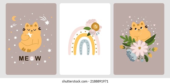 Greeting card collection with cute cats, rainbow and flowers in cartoon scandinavian style. For children's holidays, for a newborn