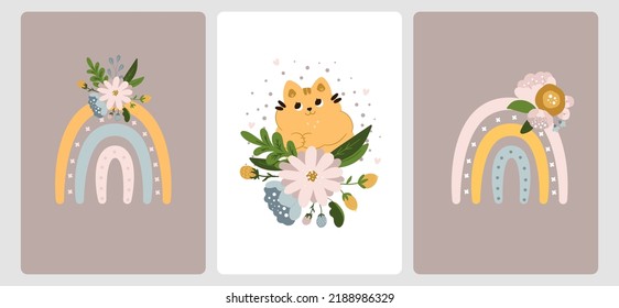 Greeting card collection with cute cats, rainbow and flowers in cartoon scandinavian style. For children's holidays, for a newborn