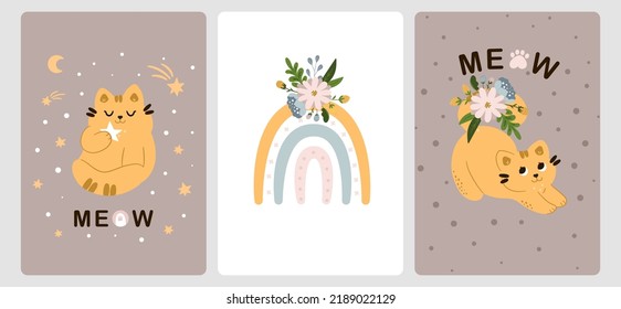 Greeting card collection with cute cats, rainbow and flowers in cartoon scandinavian style. For children's holidays, for a newborn