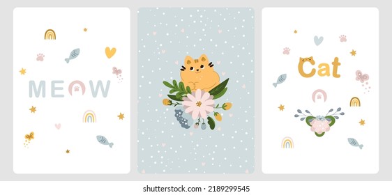 Greeting card collection with cute cats, rainbow and flowers in cartoon scandinavian style. For children's holidays, for a newborn