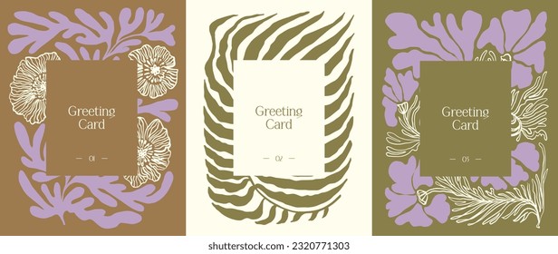 Greeting card collection with groovy flowers vector illustrations 