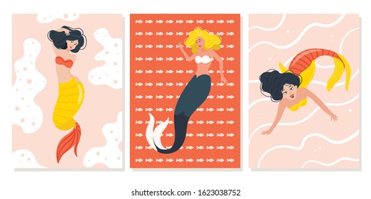 Greeting card collection: young beautiful mermaid girl. Modern bright vector illustration on an abstract background. Template for printing posters, invitations, cards, banners in a trendy style.