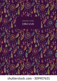 Greeting card with colored abstract native Indian-American dream catcher. Hand drawn design for Save The Date, Greeting card, birthday cards, invitations, stationery. Seamless pattern is masked. 