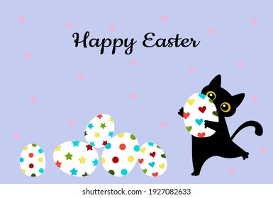 Greeting card with colored eggs on a blue background Happy Easter and black cute cat. For printing on decorative pillows, poster, kitchen textiles, clothing. Vector graphics.