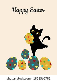 Greeting card with colored eggs in trending colors Happy Easter and black cute cat. For printing on decorative pillows, poster, kitchen textiles, clothing. Vector graphics.