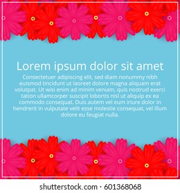 Greeting card with colored flowers. Floral Invitation. Spring is coming. Vector illustration.