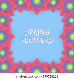 Greeting card with colored flowers. Invitation card for wedding, birthday and other holiday. Spring is coming. Vector illustration.