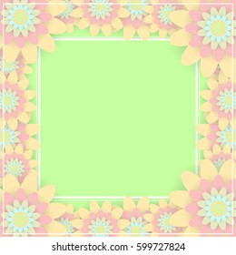 Greeting card with colored flowers. Invitation card for wedding, birthday and other holiday. Spring is coming. Vector illustration.