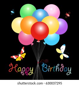 Greeting card with colorful balloons and butterflies with a Happy Birthday