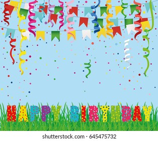 Greeting card with colorful flags and confetti and letters Happy Birthday on green grass. Copy space for text or advertising. Vector. Invitation to the holiday