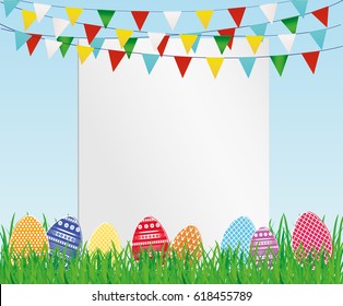 Greeting card with colorful flags and easter eggs and green grass. Free form for text or advertising. Vector. Invitation to the holiday
