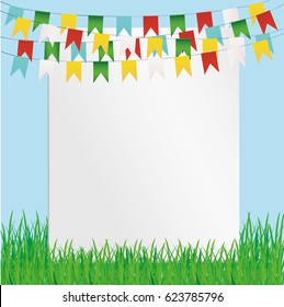 Greeting card with colorful flags and green grass. Free form for text or advertising. Vector. Invitation to the holiday