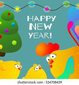 Greeting card with colorful funny rooster, little yellow chicks, christmas-tree and garland with variegated bulbs. Vector illustration in cartoon style. Chinese symbol of new year 2017 - fire cock.