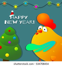 Greeting card with colorful funny rooster, christmas-tree and garland with variegated bulbs. Holiday vector illustration in cartoon style. Chinese symbol of new year 2017 - fire cock.
