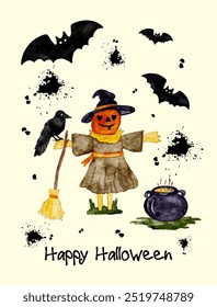 Greeting card colorful Halloween scarecrow with a pumpkin head and bats in a festive autumn scene