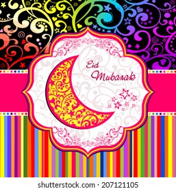 Greeting card. Colorful moon for Muslim community festival Eid Mubarak. Vector Illustration 