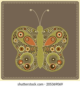 Greeting card with colorful stylized  butterfly on brown background