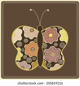 Greeting card with colorful stylized  butterfly on brown background