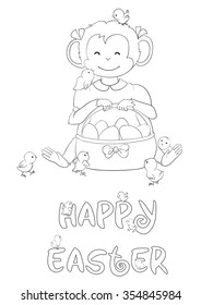 Greeting card for coloring. Happy easter. One of a set: Cards for holidays all year round with cute monkey (symbol of 2016 year). A4 proportions. Colored version is available in portfolio.