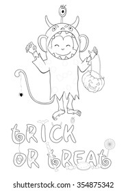 Greeting card for coloring. Happy halloween. One of a set: Cards for holidays all year round with cute monkey (symbol of 2016 year). A4 proportions. Colored version is available in portfolio.