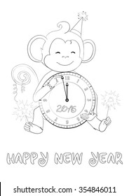 Greeting card for coloring. Happy new year. One of a set: Cards for holidays all year round with cute monkey (symbol of 2016 year). A4 proportions. Colored version is available in portfolio.