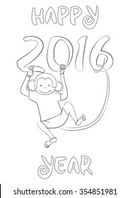 Greeting card for coloring. Happy new 2016 year. One of a set: Cards for holidays all year round with cute monkey (symbol of 2016 year). A4 proportions. Colored version is available in portfolio.
