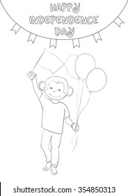 Greeting card for coloring. Independence day. One of a set: Cards for holidays all year round with cute monkey (symbol of 2016 year). A4 proportions. Colored version is available in portfolio.