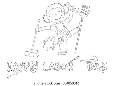Greeting card for coloring. Labor day. One of a set: Cards for holidays all year round with cute monkey (symbol of 2016 year). A4 proportions. Colored version is available in portfolio.