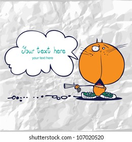 Greeting card with comic cat with gun on crumpled paper. Background for celebrations, holidays.