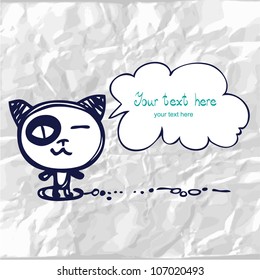 Greeting card with comic cat on crumpled paper. Background for celebrations, holidays.