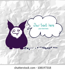 Greeting card with comic monster, on crumpled paper. Background for celebrations, holidays.