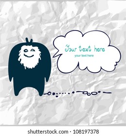 Greeting card with comic monster, on crumpled paper. Background for celebrations, holidays.