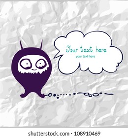 Greeting card with comic monster, on crumpled paper. Background for celebrations, holidays.
