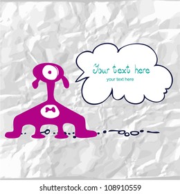 Greeting card with comic monster, on crumpled paper. Background for celebrations, holidays.