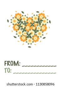 Greeting card with a composition of flowers, leaves and petals in a shape of a heart and a free space for writing from and to whom a card for on the white background.