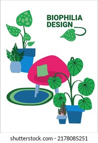 Greeting card with concept Biophilic interior. Pink armchair in a thicket of houseplants. Hand drawn illustration on white background