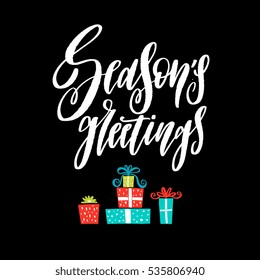 Greeting card concept for Christmas or New Year season - with hand drawn illustrations and calligraphic elements. Handwritten lettering - message with greetings. Holiday concept for flyer, poster.