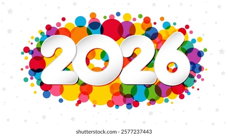 Greeting card concept with colorful bubbles and 3D paper style numbers 2 0 2 6. Happy New Year 2026 postcard design. Cute abstract background. Holiday horizontal banner. Web button. Celebrating icon.