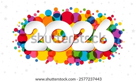 Greeting card concept with colorful bubbles and 3D paper style numbers 2 0 2 6. Happy New Year 2026 postcard design. Cute abstract background. Holiday horizontal banner. Web button. Celebrating icon.