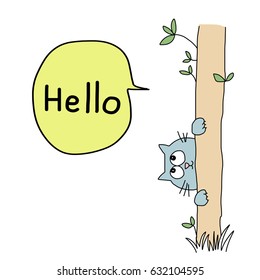 Greeting card concept with cute blue cat clinging to a trunk of tree, playing peek-a-boo and saying hello. Vector illustration with hand-drawn style.