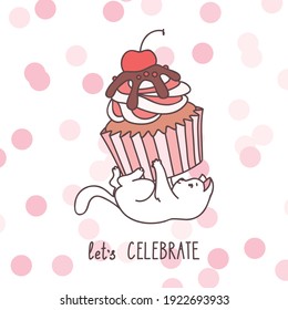 Greeting card concept. Cute illustration of a little white kitten playing with a cupcake. Vector 10 EPS.