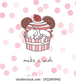 Greeting card concept. Cute illustration of a little white kitten playing with a cupcake. Vector 10 EPS.